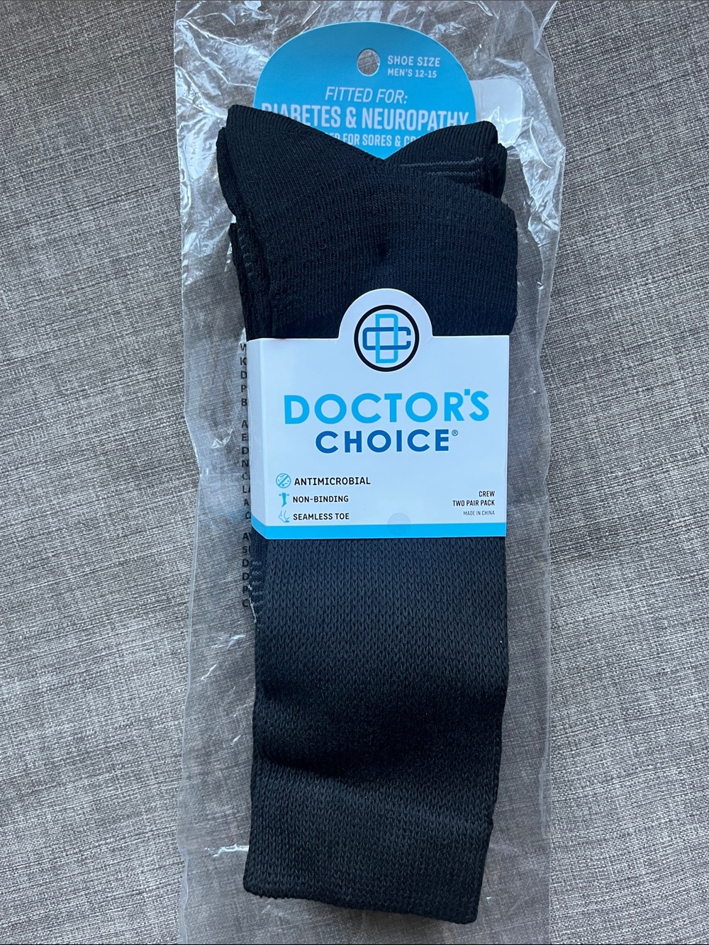 2 Pair Doctor's Choice Black Crew Socks for Diabetes & Neuropathy Copper Zinc